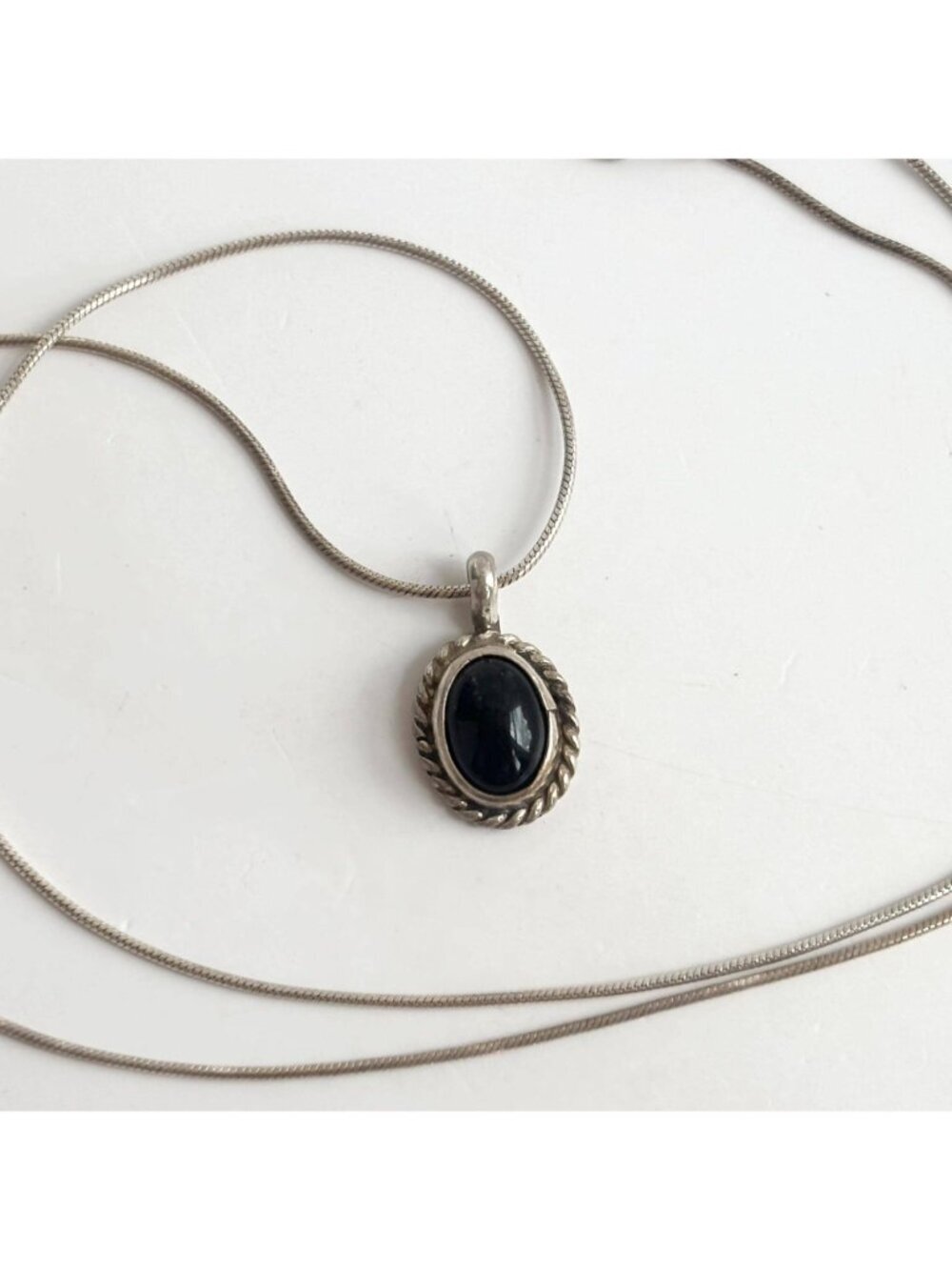 Art Deco Black Onyx Rope Sterling Silver 925 Oval Vintage Pendant Necklace - 16" - Picture 2 of 16